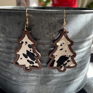 Cow print Wood Christmas Tree Earrings